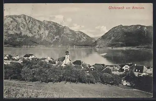 AK Unterach am Attersee, Ortsansicht mit Attersee