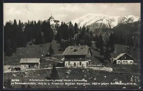 AK Semmering, Arbeitsdienst-Kapelle am Sonnwendstein und Friedrich Schüler-Alpenhaus gegen Schneeberg