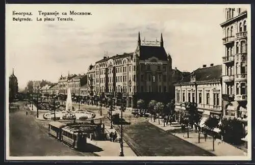 AK Belgrad, La place Terazia mit Strassenbahn