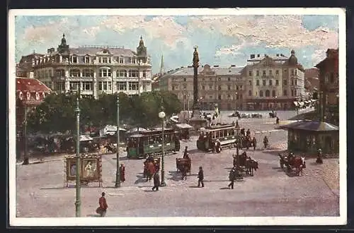 Künstler-AK Graz, Jacomini-Platz mit Strassenbahnen und Passanten