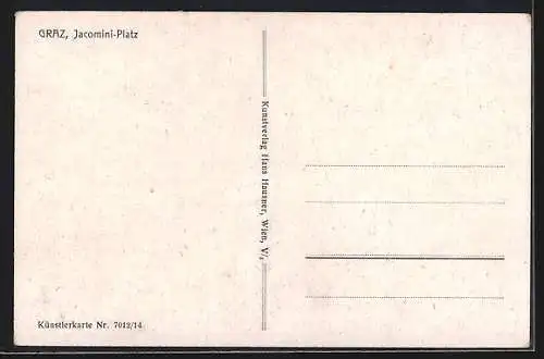 Künstler-AK Graz, Jacomini-Platz mit Strassenbahnen und Passanten