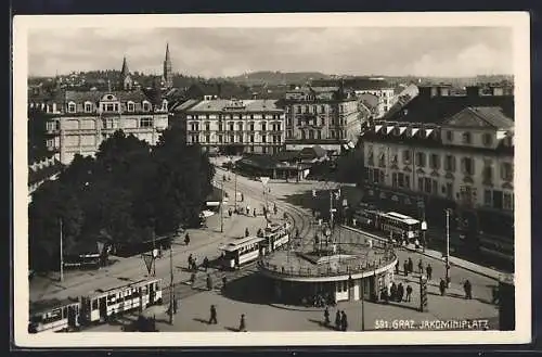 AK Graz, Strassenbahnen auf dem Jakominiplatz