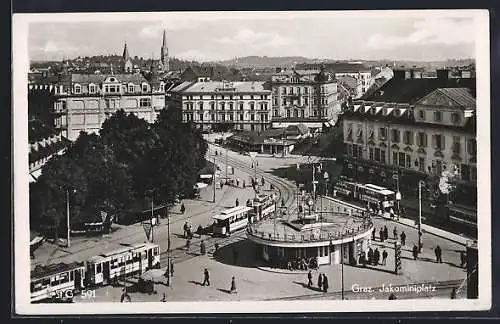 AK Graz, Jakominiplatz mit Strassenbahnen aus der Vogelschau