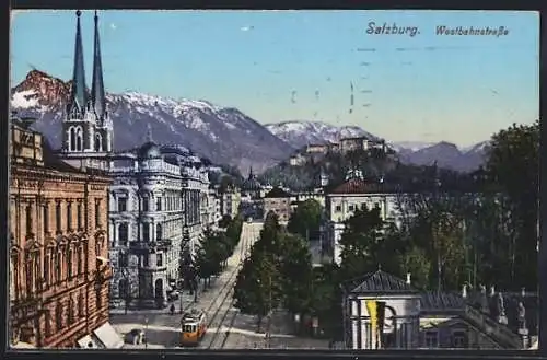 AK Salzburg, Westbahnstrasse mit Strassenbahn aus der Vogelschau