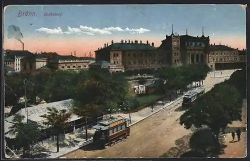 AK Brünn / Brno, Bahnhof mit Strassenbahn