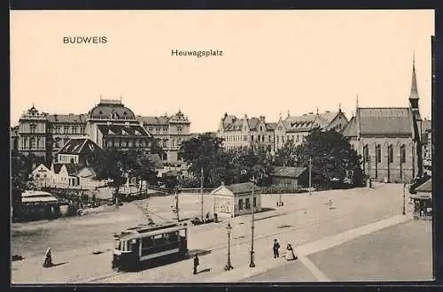 AK Budweis, Strassenbahn am Heuwagsplatz