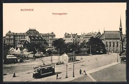 AK Budweis, Strassenbahn am Heuwagsplatz