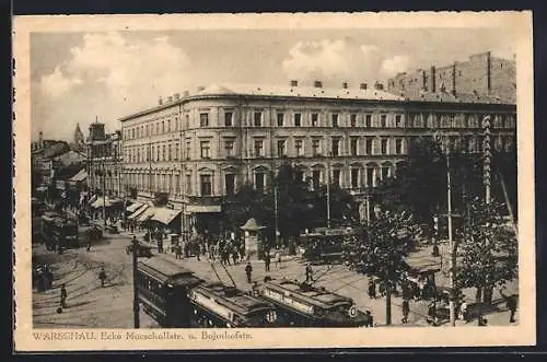 AK Warschau, Ecke Marschallstrasse und Bahnhofstrasse mit Strassenbahn