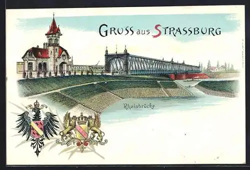 Lithographie Strassburg i. E., Rheinbrücke nach Kehl, Wappen der Orte