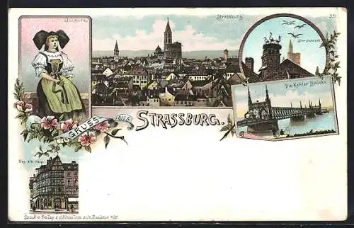 Lithographie Strassburg, Elsässerin in Tracht, Kehler Brücke, Gesamtansicht