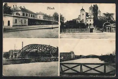 AK Nisch, Bahnhof, Brücke, Blick von der Brücke, 4 Ansichten