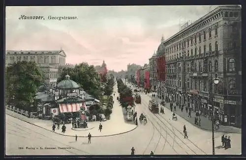 AK Hannover, Georgstrasse mit Café Kröpcke und Geschäften, Strassenbahn