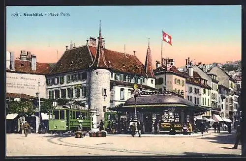 AK Neuchatel, Place Pury, Geschäfte, Strassenbahn