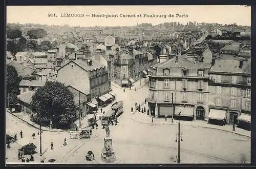 AK Limoges, Rond-point Carnot et Faubourg de Paris, mit Strassenbahn