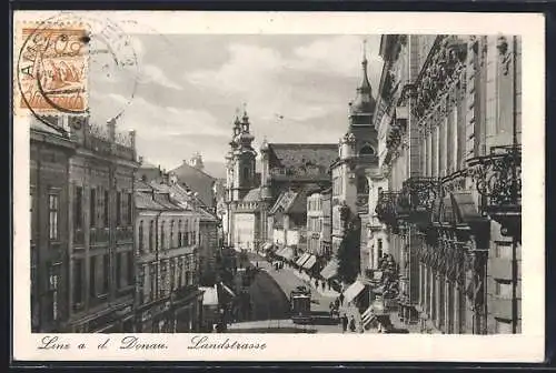 AK Linz a. d. Donau, Landstrasse mit Strassenbahn