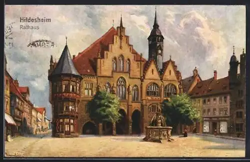 Künstler-AK Hildesheim, Blick zum Rathaus