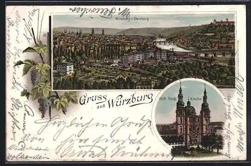 Lithographie Würzburg, Blick zum Ort vom Steinberg, Stift Haug Kirche