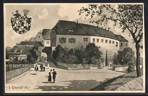 Künstler-AK Rödelsee, Schloss Schwanberg, Hauptansicht mit Portal & Wappen