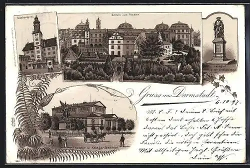 Lithographie Darmstadt, Theater und Kriegerdenkmal, Glockenspiel, Schloss vom Theater