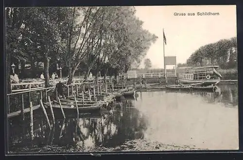 AK Berlin-Grunewald, Gasthaus Schildhorn, Bootsanleger