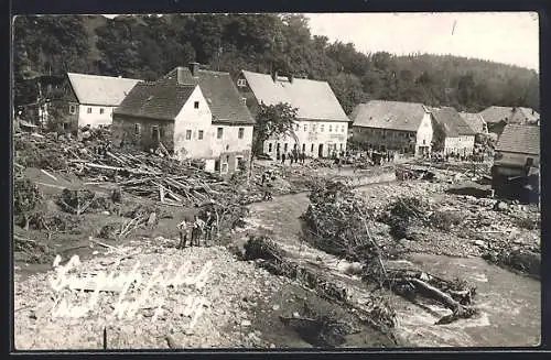 Foto-AK Bad Berggiesshübel, Gesamtansicht nach dem Hochwasser am 10.07.1927