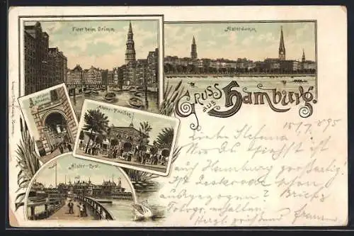 Vorläufer-Lithographie Hamburg, 1895, Alsterdamm, Alster-Arkaden und Fleet bei Grimm