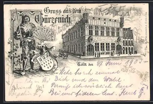 Lithographie Köln, Strassenpartie am Gürzenich, Ritter