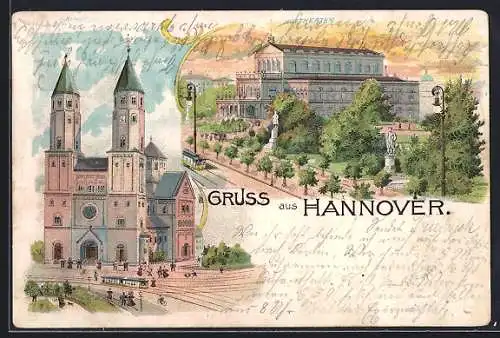 Lithographie Hannover, Hoftheater und Garnisonkirche