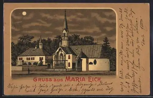 Mondschein-Lithographie Maria Eich, Blick auf die Kirche