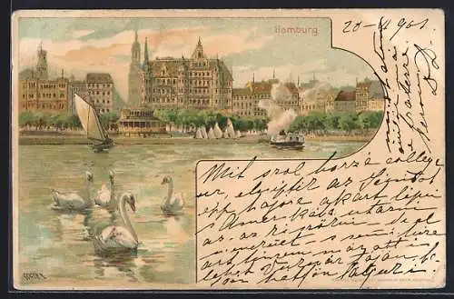 Lithographie Hamburg-Neustadt, Blick von der Aussenalster zum Jungfernstieg