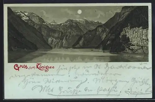 Mondschein-Lithographie Königsee / Berchtesgaden, Bergpanorama im Vollmondlicht