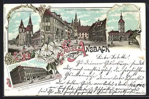 Lithographie Ansbach, Kgl. Schloss, Ob. Markt und Gumbertuskirche, St. Johanniskirche, Herriederthor