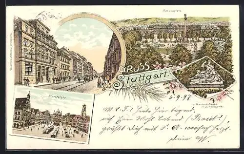 Lithographie Stuttgart, Schlossplatz, Eberhard-Gruppe im Schlossgarten, Marktplatz