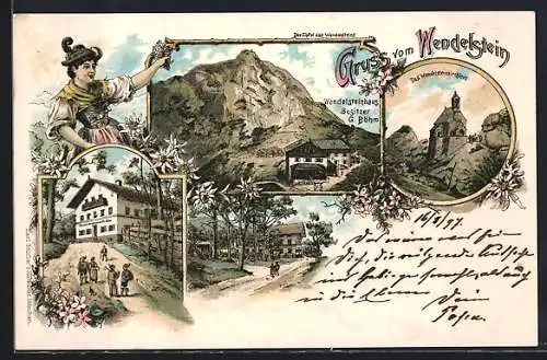 Lithographie Wendelsteinhaus, Berghütte mit Gaststätte von G. Böhm, Wendelsteinkirchlein und Gipfel