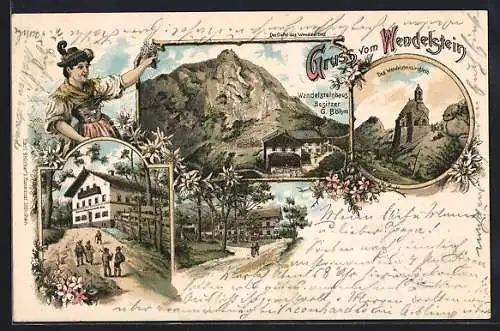 Lithographie Wendelsteinhaus, Berghütte von G. Böhm, Gipfel, Wendelsteinkirchlein