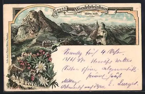 Lithographie Wendelsteinhaus, Panorama mit Berghütte und Kapelle