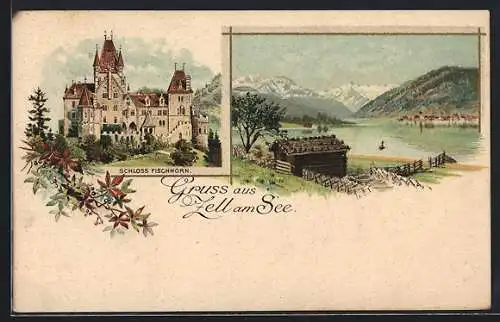 Lithographie Zell am See, Blick auf das Schloss Fischhorn, Blick auf den See