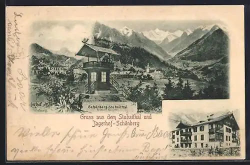 AK Schönberg /Stubaithal, Hotel-Pension Jagerhof a. d. Schönberg, Ortspanorama mit Aussichtsturm u. Bergen, Gebäude