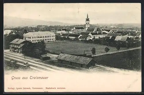 AK Traismauer, Teilansicht mit Kirche und Bahnhof