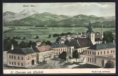 AK St. Georgen am Ybbsfeld, Ortsansicht mit Kirche und Ötscher aus der Vogelschau