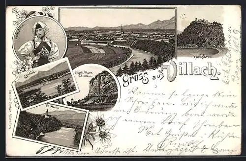 Lithographie Villach, Gesamtansicht, Gailtalerin, Landskron, Leonhard-See, St. Martin