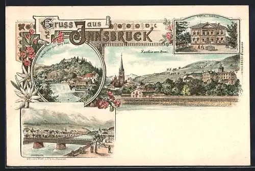 Lithographie Innsbruck, Sillfall neben dem Berg Isel, Gebäude am Inn, Innbrücke