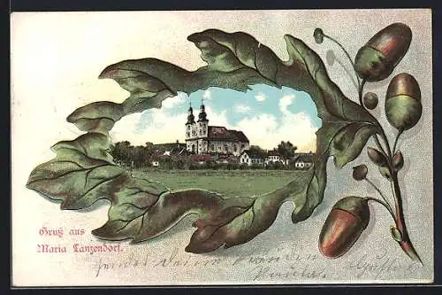 Lithographie Maria-Lanzendorf, Blick auf Kirche, Passepartout mit Eichenblatt