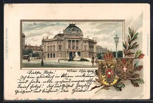 Passepartout-Lithographie Wien, Deutsches Volkstheater, Wappen