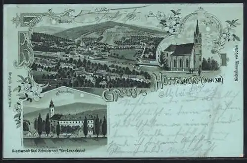 Mondschein-Lithographie Wien, Hütteldorf, Ortsansicht, Kirche, Mariabrunn, Blumen u. Ornamente