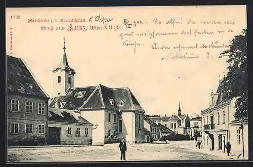 AK Wien, Lainz, Pfarrkirche z. h. Dreifaltigkeit mit Strassenpanorama