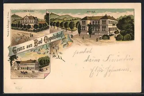 Lithographie Bad Oppelsdorf, Villa Schröter, Hotel Bad Oppelsdorf, Albertbad mit Umgebung