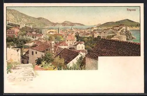 Lithographie Ragusa, Blick über die Dächer