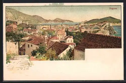 Lithographie Ragusa, Blick über die Dächer