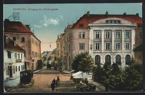 AK Rumburg / Rumburk, Eingang der Klostergasse mit Rumburger Sparkasse